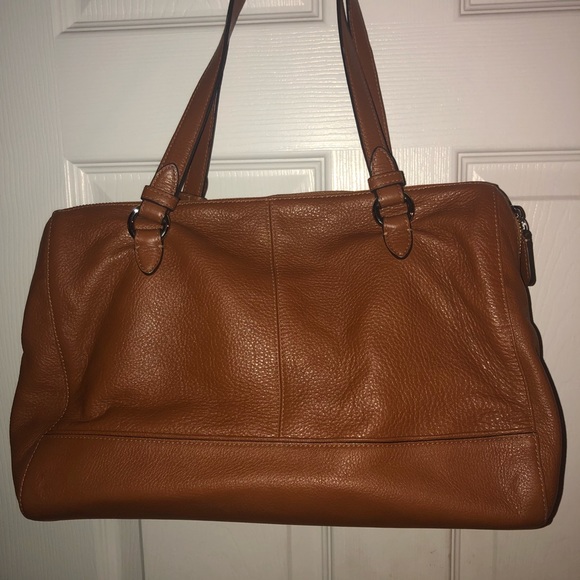 Saddle/cognac triple compartment coach satchel - Picture 3 of 4